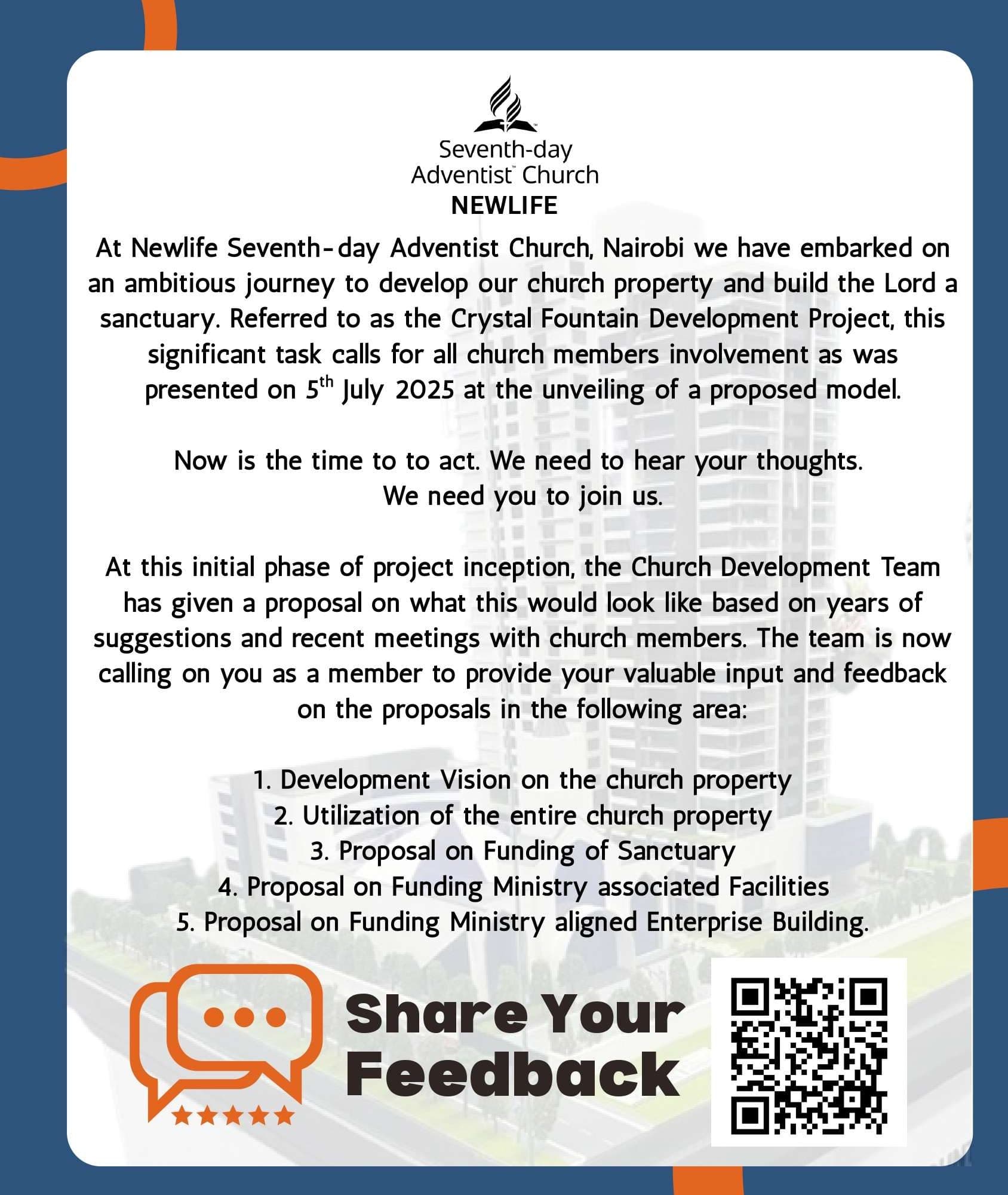 Crystal Fountain Development Project brochure, page 1: a letter inviting members to join the project and give feedback on the development vision, the use of the whole church property, and the funding of the sanctuary, the ministry facilities and the enterprise building